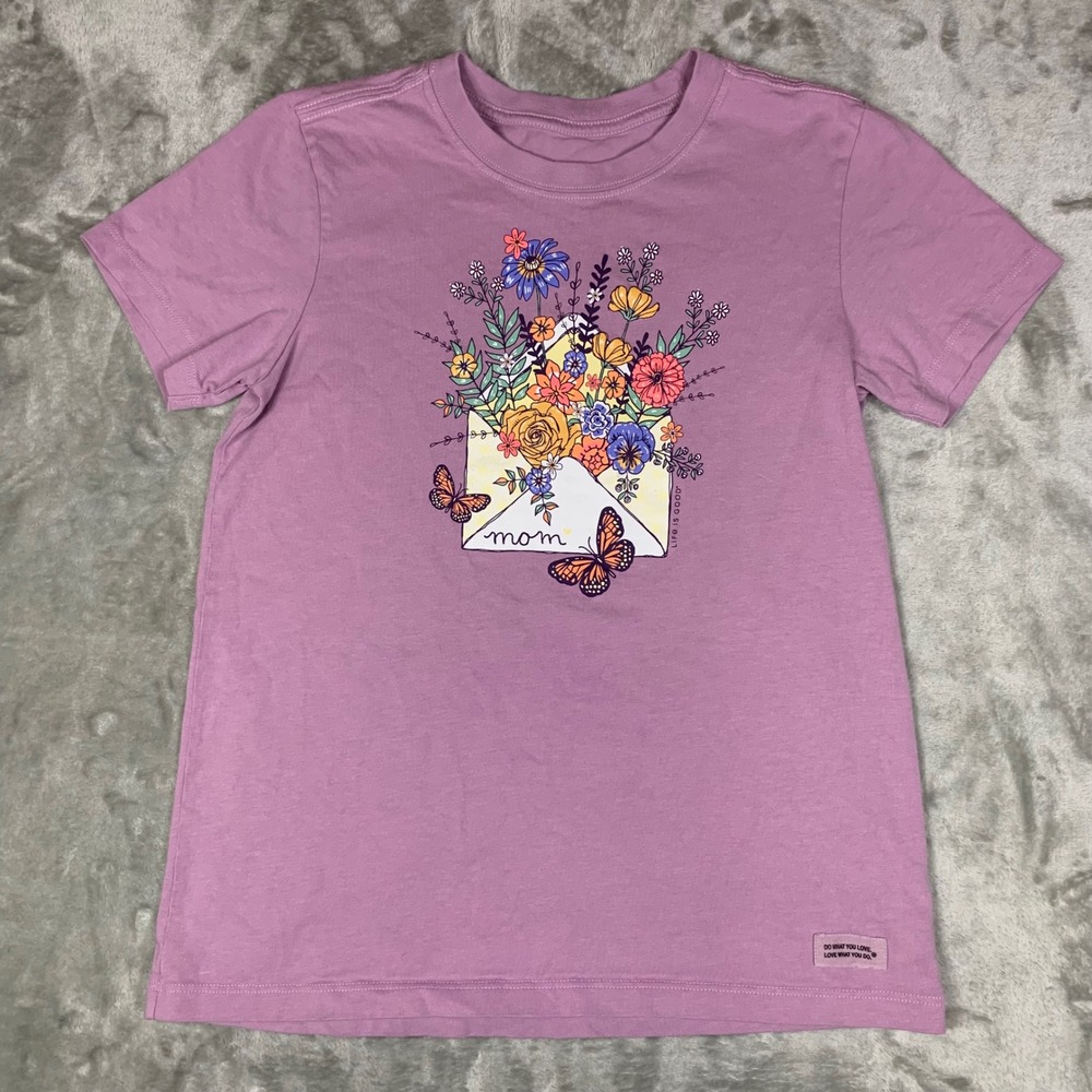 Life is Good Womens XS Crusher Tee Purple Floral Mom Butterfly Shirt Peru Cotton